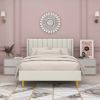 Full size Mid-Century Platform Bed Frame with Cream Velvet Upholstered Headboard