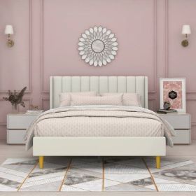 Queen Mid-Century Platform Bed Frame with Cream Velvet Upholstered Headboard