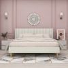 Queen Mid-Century Platform Bed Frame with Cream Velvet Upholstered Headboard