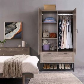 armModern 2-Door Bedroom Wardrobe Cabinet Armoire Shoe Rack in Retro Grey Finish