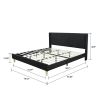 King size Mid-Century Black Linen Platform Bed Frame with Upholstered Headboard