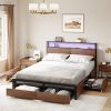 Queen size Platform Bed with Headboard and Storage Drawers in Brown Wood Finish