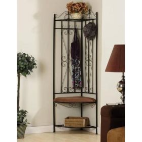 Black Metal Scrolling Corner Hall Tree Coat Rack Storage Bench
