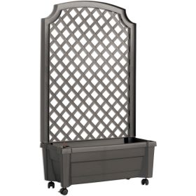 Outdoor Self-Watering Garden Planter with Trellis and Wheels in Grey Plastic