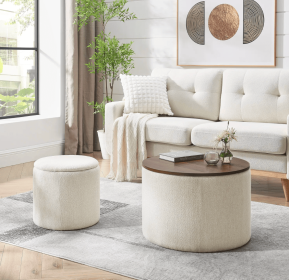 2‑Piece Round Chenille Storage Ottoman Set