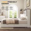 Queen White Farmhouse Platform Bed with Bookcase Headboard and Storage Drawers